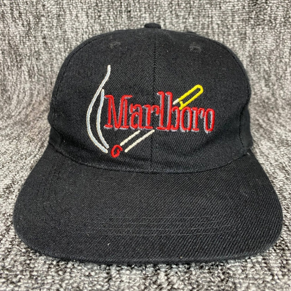 Vintage 90s Marlboro Cigarette Match Smoke Embroidered Hat Cap Black Promo